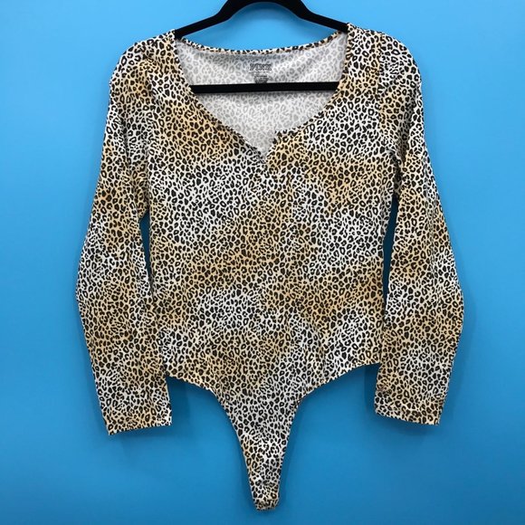 Victoria's Secret PINK Animal Print Cheetah Bodysuit Long Sleeve Large NEW - Picture 1 of 5